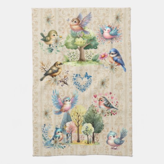 Cute Colorful Birds Theedoek (Verticaal)