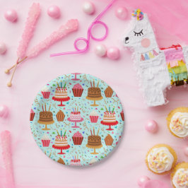 Cute Colorful Birthday Cakes and Cupcakes on blue Papieren Bordje