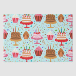 Cute Colorful Birthday Cakes and Cupcakes on blue Tissuepapier