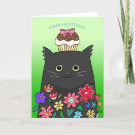 Cute Colorful Black Cat met Cupcake Birthday Bedankkaart