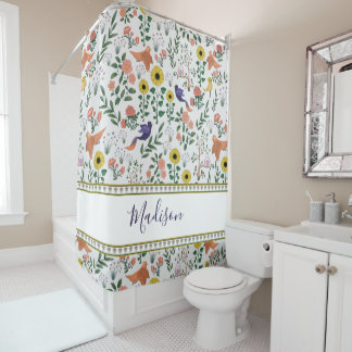 Cute Colorful Boho Bird and Floral Pattern Douchegordijn