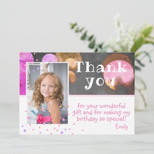 Cute Colorful Bubbles Chalkboard Girly Photo Bedankkaart (Staand voorkant)