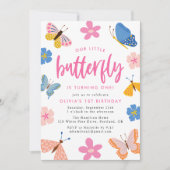 Cute Colorful Butterflies 1st Birthday Party Kaart (Voorkant)