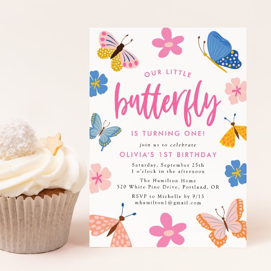Cute Colorful Butterflies 1st Birthday Party Kaart