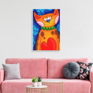 Cute Colorful Cartoon Cat Big Heart Canvas Afdruk