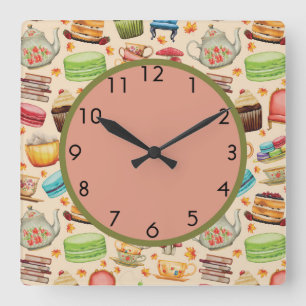 Cute Colorful Cupcakes en Teapots Wall Clock Vierkante Klok