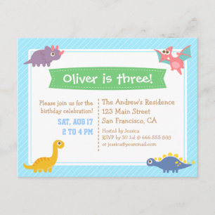 Cute Colorful Dinosaur Birthday Party Kaart