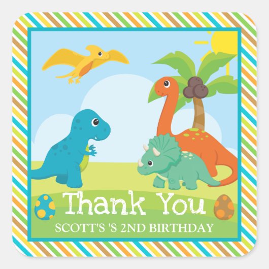 Cute Colorful Dinosaur Friends Birthday Vierkante Sticker (Voorkant)