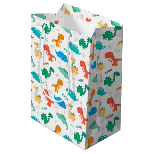 Cute Colorful Dinosaurs Illustrated Pattern Medium Cadeauzakje (Achterkant Gekanteld)