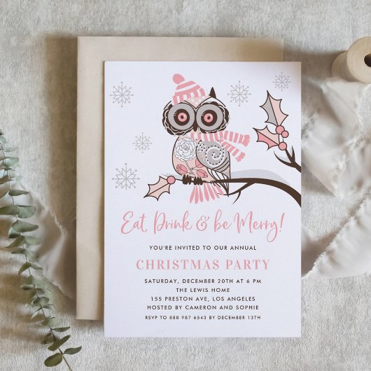 Cute Colorful Festive Pink Owl kerstparty Kaart
