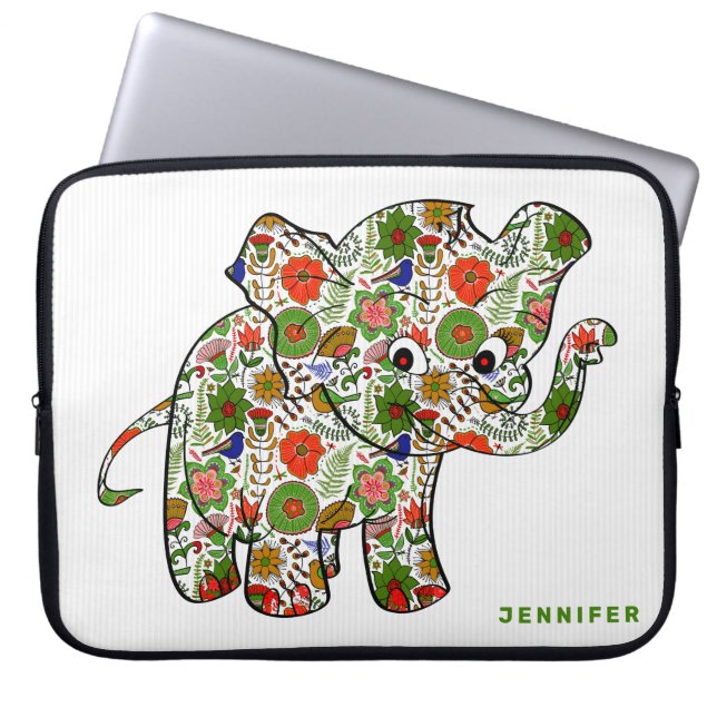 Cute Colorful Floral Baby Elephant Laptop Sleeve (Voorkant)