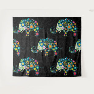 Cute Colorful Floral Elephant Black Dammaskers Wandkleed
