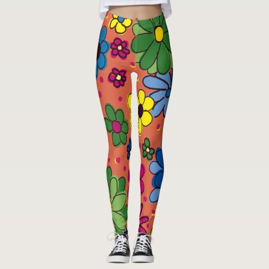 Cute Colorful Floral Oranje Leggings (Voorkant)