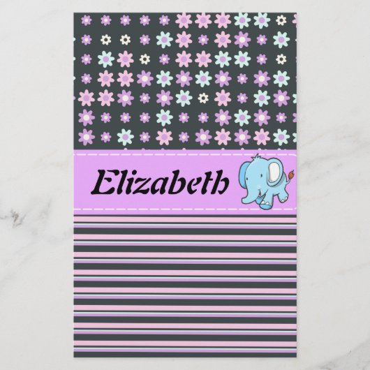 Cute Colorful Flowers Stripes Elephant Briefpapier (Voorkant)