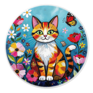Cute Colorful Folk Art Cat and Flowers Keramische Knop