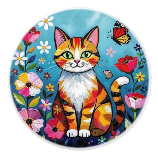 Cute Colorful Folk Art Cat and Flowers Keramische Knop (Voorkant)