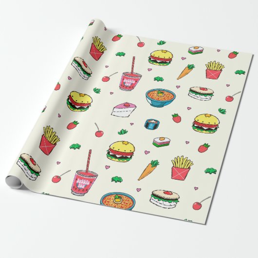 Cute Colorful Food Pattern on White Cadeaupapier (Uitgerold)