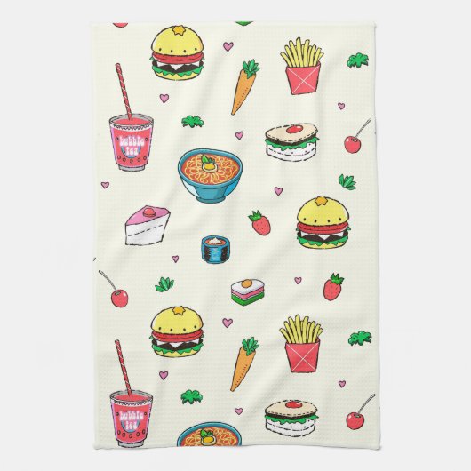 Cute Colorful Food Pattern on White Theedoek (Verticaal)