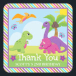 Cute Colorful Girl Dinosaur Friends Birthday Vierkante Sticker<br><div class="desc">Kute colorful Girl dinosaur vrienden ontwerpen met tropische bomen en zonneschijn,  met bloemen en vlinders op een paarse,  roze,  gele en blauwe achtergrond die in een keiharde,  roze,  gele en blauwe kleur staat.</div>