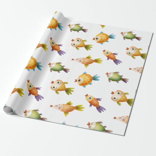 Cute Colorful Goldfish on White Cadeaupapier (Uitgerold)