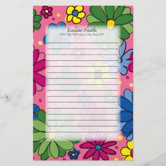 Cute Colorful Green Roze Blue Flowers op Roze Briefpapier (Voorkant)