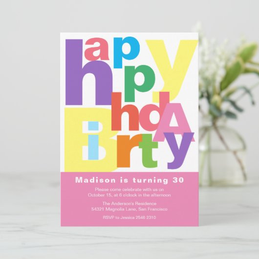 Cute Colorful Happy Birthday Invitation Kaart (Staand voorkant)