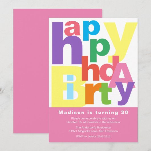 Cute Colorful Happy Birthday Invitation Kaart (Voorkant / Achterkant)