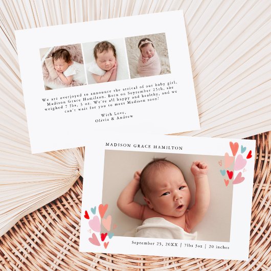 Cute Colorful Hearts Photo Birth Announcement Aankondiging