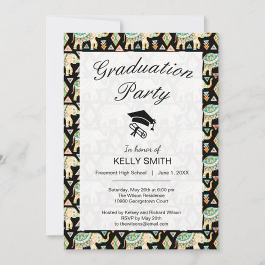 Cute colorful indian elephants graduparty kaart (Voorkant)