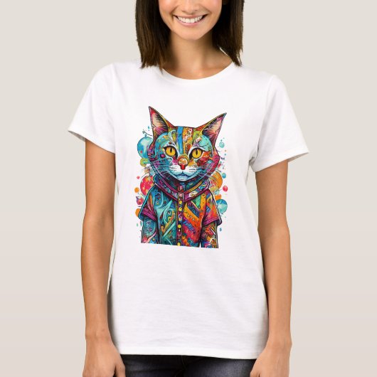Cute Colorful Kitty Cat Abstract Art Design T-shirt (Voorkant)