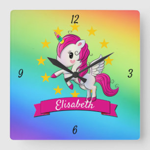 Cute Colorful Magical Unicorn Kinder Name Vierkante Klok