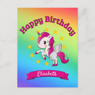 Cute Colorful Magical Unicorn Rainbow Kinder Name Briefkaart