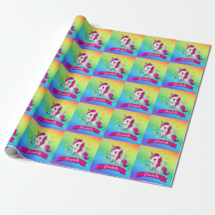 Cute Colorful Magical Unicorn Rainbow Kinder Name Cadeaupapier