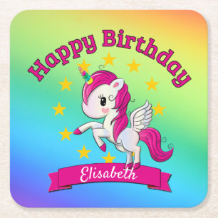 Cute Colorful Magical Unicorn Rainbow Kinder Name Kartonnen Onderzetters