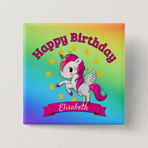Cute Colorful Magical Unicorn Rainbow Kinder Name Vierkante Button 5,1 Cm
