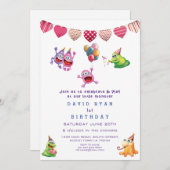 Cute Colorful Monsters Hearts Boy First Birthday Kaart (Voorkant / Achterkant)