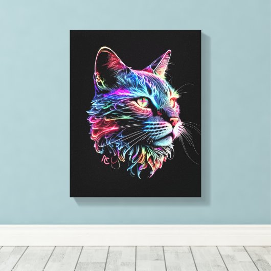 Cute Colorful Neon Cat Canvas Afdruk (Insitu (Houten vloer))