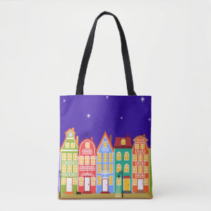 Cute Colorful Old Town Night Walking Cat Bag Tote Bag