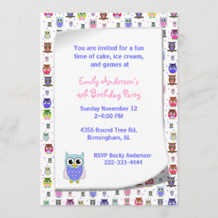 Cute Colorful Owls Birthday Invitation Kaart