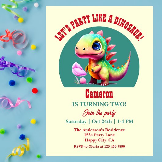 Cute Colorful Party Like a Dinosaur 2nd birthday Kaart