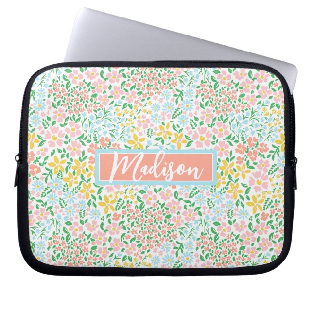 Cute Colorful Pastel Garden Flower Pattern Laptop Sleeve (Voorkant)