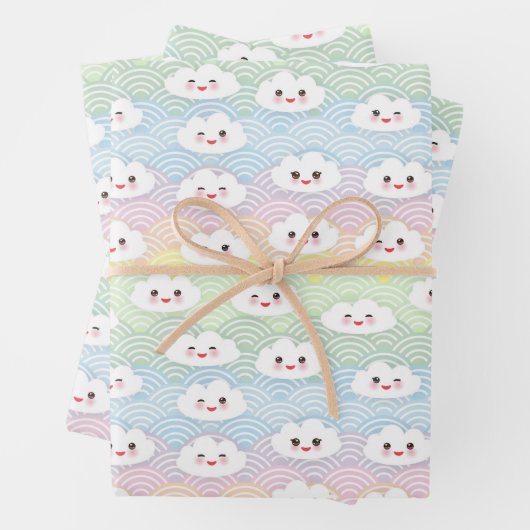 Cute Colorful Pastel Waves Kawaii Clouds Patroon Inpakpapier Vel (In situ)