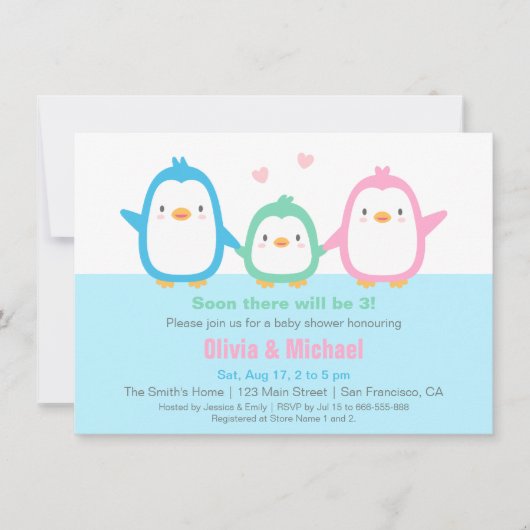 Cute Colorful Penguin Baby Shower Invitations Kaart (Voorkant)