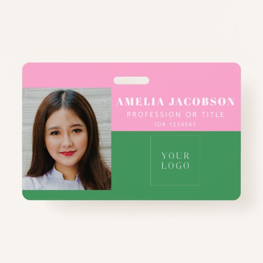 Cute Colorful Pink Green Employee Photo ID Logo Badge (Voorkant)