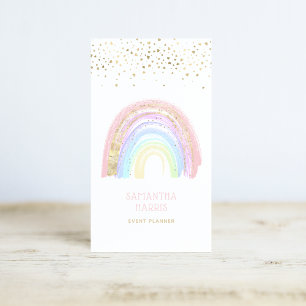 Cute Colorful Rainbow & Gold Heart Confetti Visitekaartje