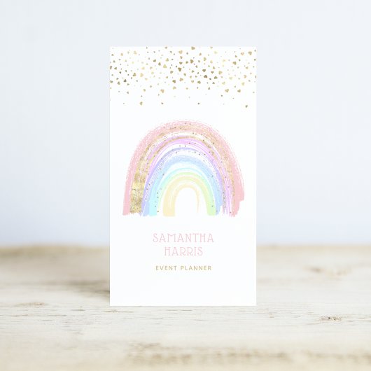 Cute Colorful Rainbow & Gold Heart Confetti Visitekaartje