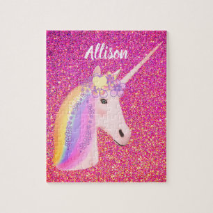 Cute Colorful Rainbow Unicorn Pink Glitter Name Legpuzzel