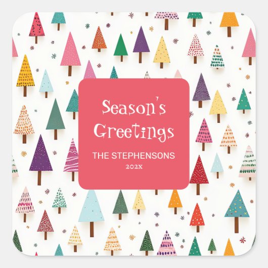 Cute Colorful Retro Christmas Trees Vierkante Sticker (Voorkant)