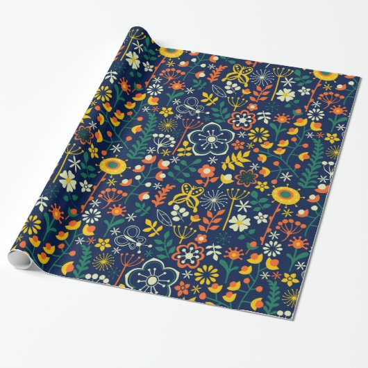 Cute Colorful Retro Flowers Seamless Patroon Cadeaupapier (Uitgerold)