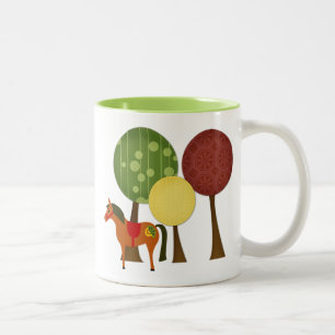 Cute Colorful Retro Ponies en Trees Horse Tweekleurige Koffiemok